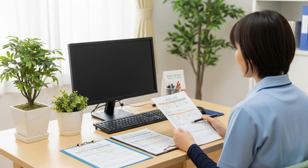 ケアマネージャーがケアプランを確認している様子。明るいオフィスでパソコンと資料を前に、利用者支援の計画を立てている。