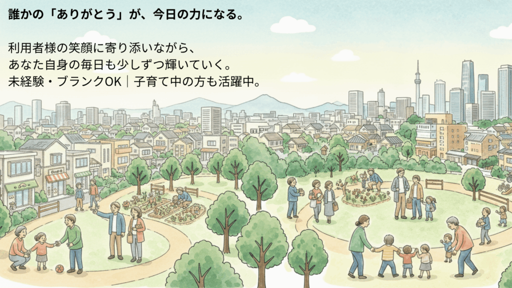 地域の公園で、子どもや高齢者、介護職員が穏やかに交流する様子。 「誰かのありがとうが力になる」という社会福祉法人 朝焼けの理念を表現したイラスト。