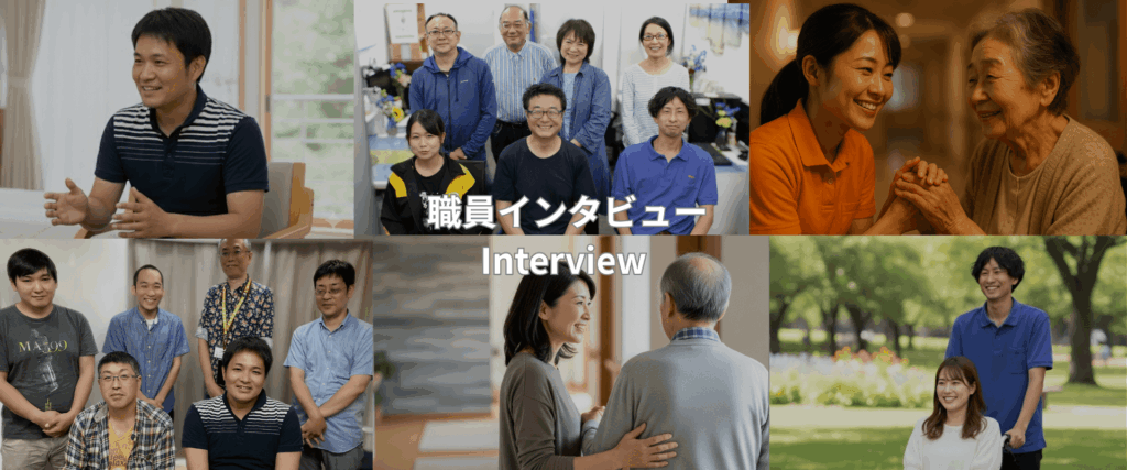 介護・福祉サービス朝焼けの職員インタビュー。スタッフが利用者様と関わる様子や、現場の雰囲気が伝わる集合写真と支援シーンのイメージ。