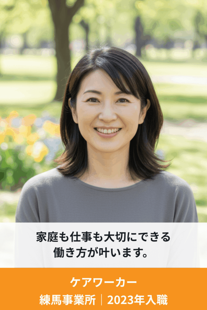 利用者様の外出支援に携わる女性スタッフが、笑顔でインタビューに答えている様子