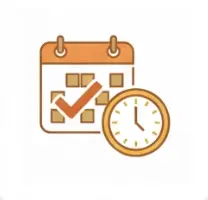 カレンダーと時計のイラスト（朝焼けの安全なシフト管理と負担を抑えた勤務時間を表現）