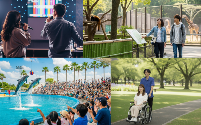移動支援スタッフの仕事内容（水族館、カラオケ、公園での外出支援）を表すコラージュ画像