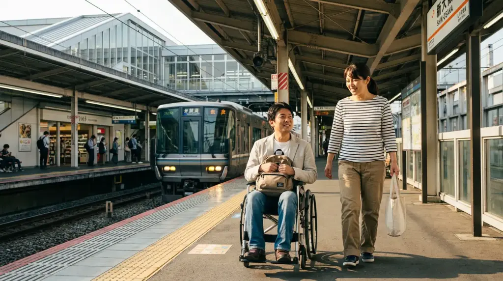 駅のホームでガイドヘルパーと利用者様が並んで歩く移動支援の日常風景
