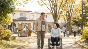 40代のガイドヘルパーが利用者様と一緒に住宅街の公園を歩く、朝焼けの週1日から始められる介護アルバイトの風景