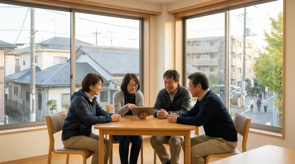 多様な年齢のスタッフがコミュニティセンターで打ち合わせする、朝焼けの柔軟な働き方とチーム環境