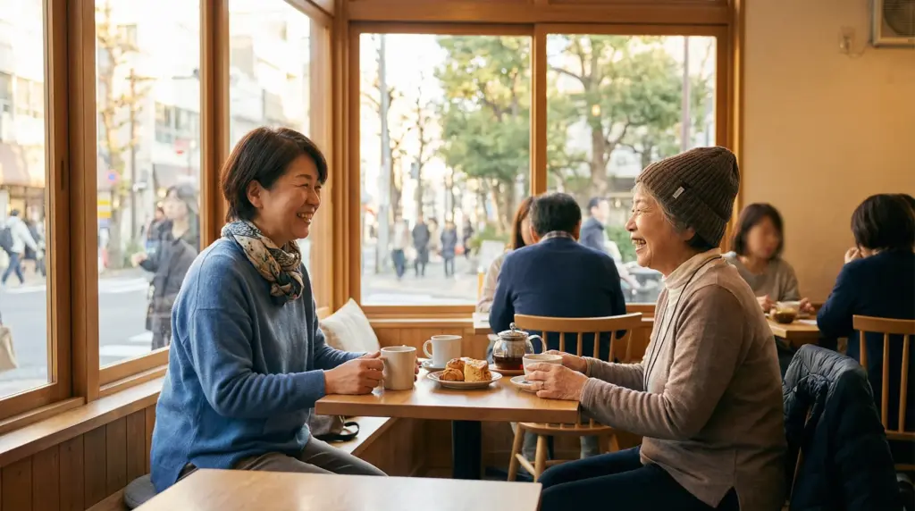 40代女性ガイドヘルパーが利用者様とカフェで会話を楽しむ、障害者と一緒に楽しむ介護の様子