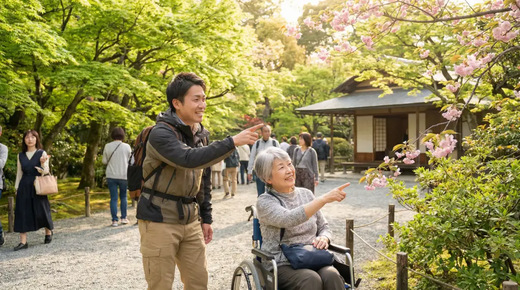 ガイドヘルパーが利用者様と日本庭園で余暇活動を楽しむ、夜勤のない日中勤務の介護の仕事