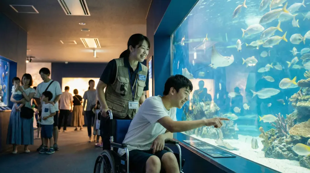 水族館で10代の利用者様と余暇を楽しむガイドヘルパー、当たり前の権利を支える移動支援の仕事