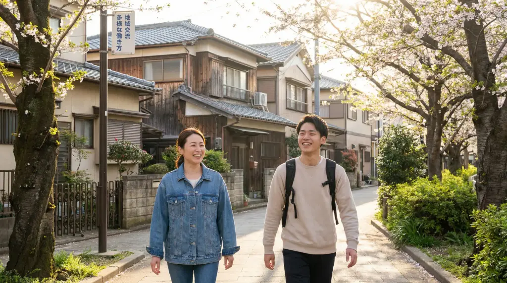 週1日から始められる介護バイトで若年層の利用者様と住宅街を歩くスタッフ、朝焼けの副業・Wワーク歓迎の働き方