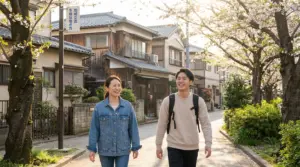 週1日から始められる介護バイトで若年層の利用者様と住宅街を歩くスタッフ、朝焼けの副業・Wワーク歓迎の働き方