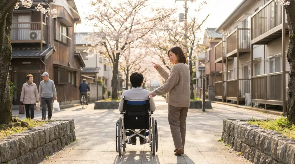 無理なシフトのない職場で穏やかに働くスタッフと利用者様が住宅街を歩く、朝焼けの働きやすい介護の仕事