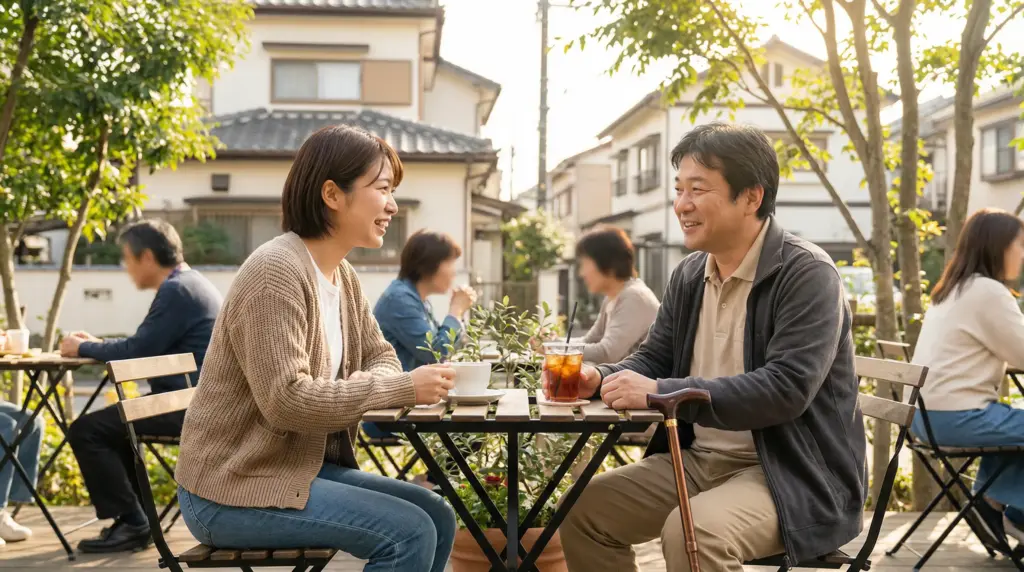 カフェで中年層の利用者様と穏やかに過ごすスタッフ、副業として社会貢献とやりがいを得られる介護の仕事