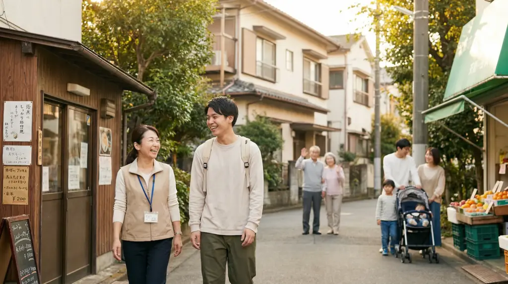 社会と障害者の架け橋として地域の商店街を歩くガイドヘルパーと若年層の利用者様、朝焼けの理念を体現する働き方