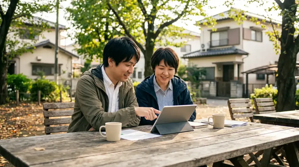 カフェのテラス席でスタッフ同士が穏やかに相談しながらシフトを確認する様子