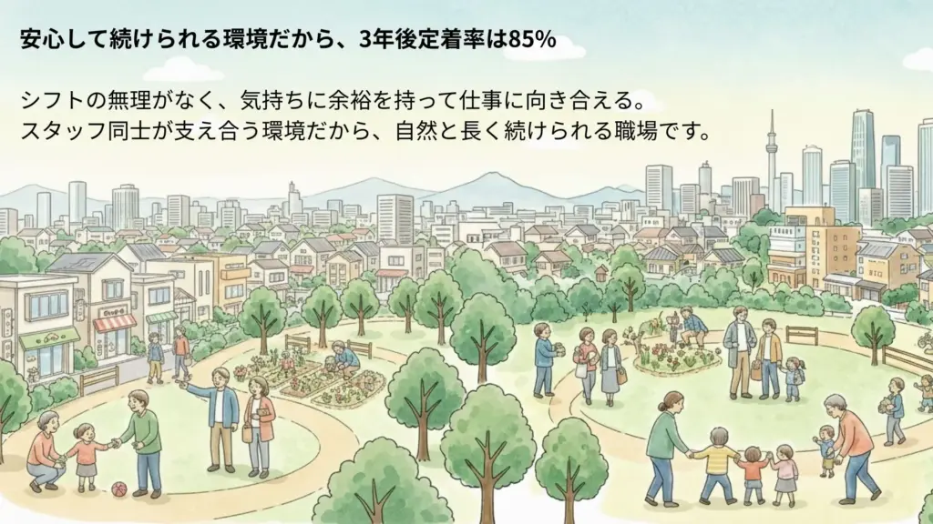 日本の公園と住宅街、都心のビル群を背景に、多様な人が穏やかに過ごす様子を描いた、朝焼けの採用サイトの世界観イラスト。