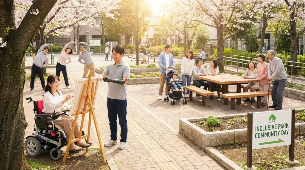 公園で障害者が絵画・運動・交流など多様な余暇活動を楽しむ明るい風景