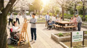 公園で障害者が絵画・運動・交流など多様な余暇活動を楽しむ明るい風景