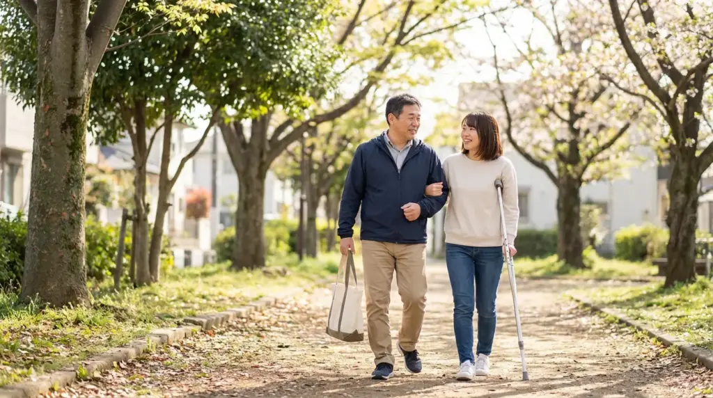 住宅街の公園で障害者とサポート者が一緒に穏やかに歩く障害者サポートの日常風景