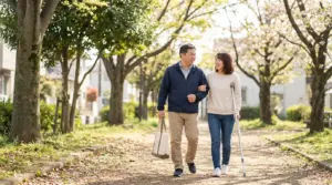 住宅街の公園で障害者とサポート者が一緒に穏やかに歩く障害者サポートの日常風景