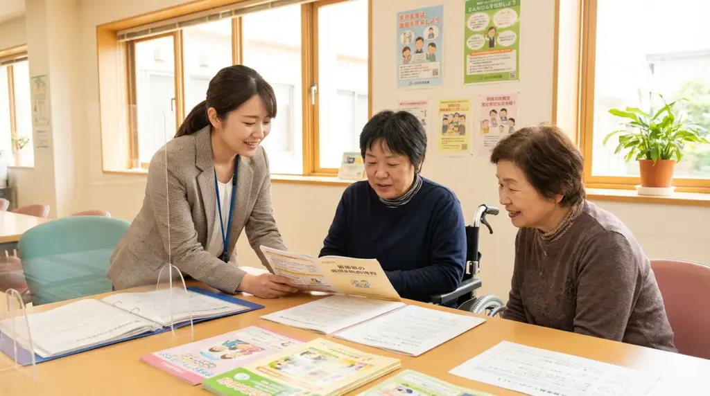 市区町村の障害福祉窓口で相談支援専門員が障害者と家族に寄り添って相談に応じる様子