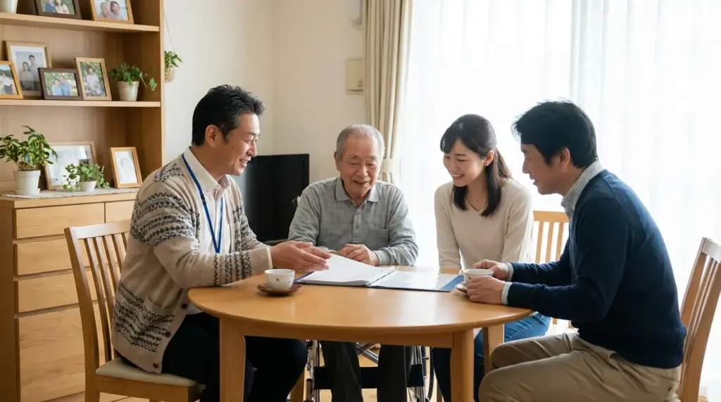 自宅で障害者の家族が相談支援専門員から介護や将来設計についてケアプラン相談を受ける様子