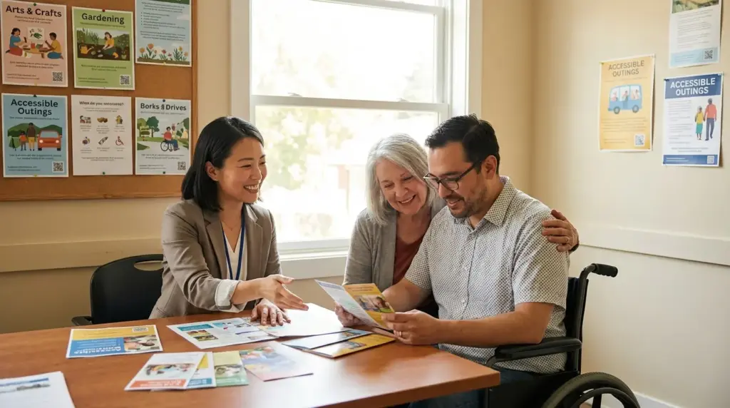 地域支援センターで専門員が障害者と家族に余暇活動の情報提供や相談対応をする様子
