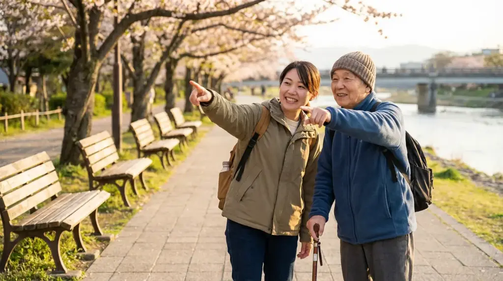 移動支援（ガイドヘルパー）により障害者が水辺の公園で余暇活動を楽しむ様子