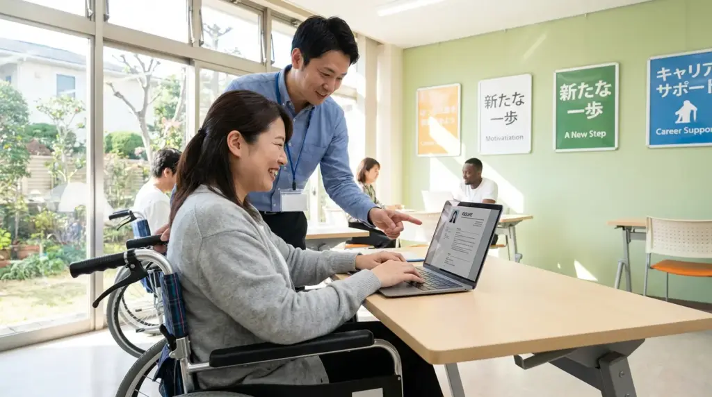 就労移行支援の職業訓練センターで障害者が履歴書作成やパソコンスキル訓練を受けている様子