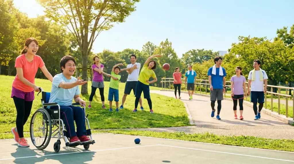 公園で障害者が車椅子でボッチャや軽い運動を楽しむスポーツ・レクリエーション活動