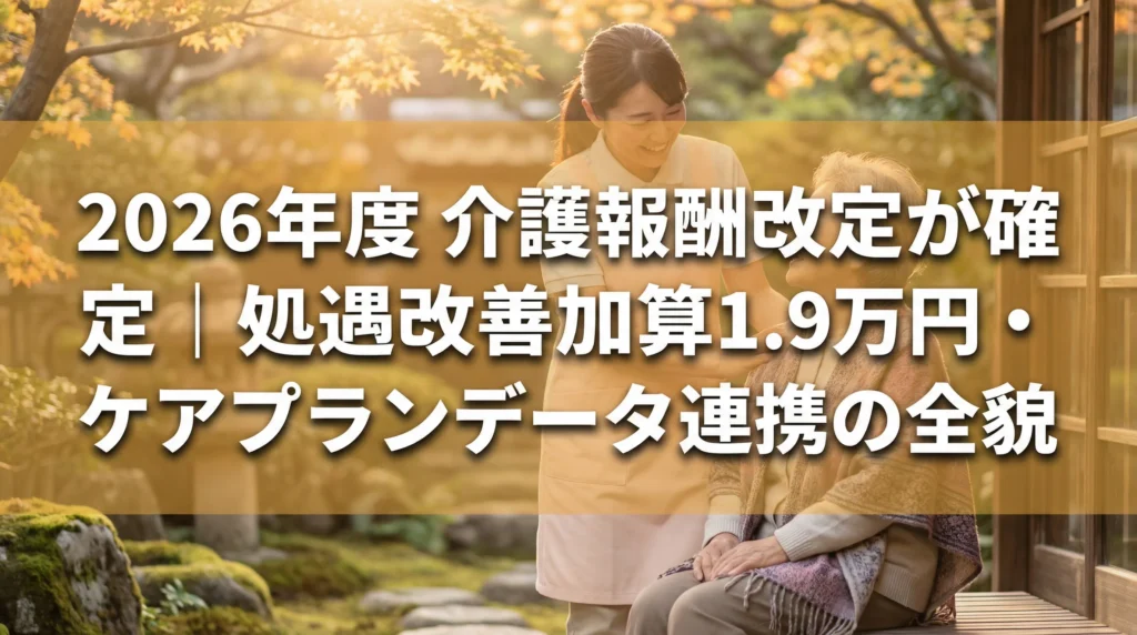 2026年度介護報酬改定が確定、処遇改善加算1.9万円とケアプランデータ連携システムのDX要件を解説する介護現場のイメージ