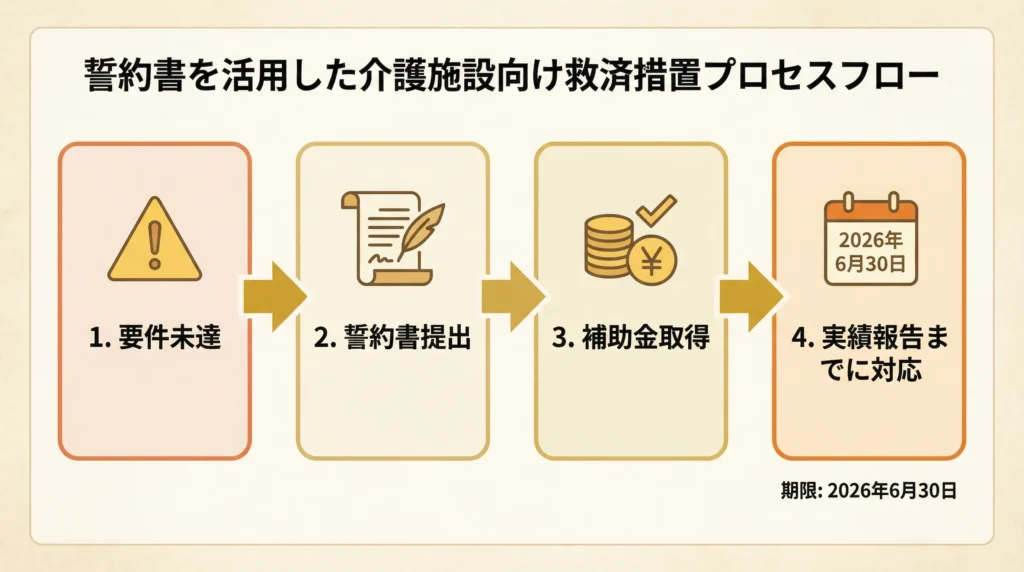 誓約書を活用した介護施設向け救済措置プロセスフロー図、要件未達から補助金取得までの4ステップ