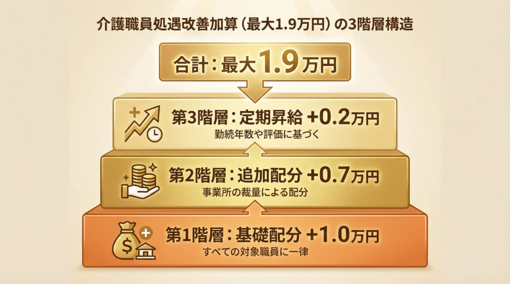 介護職員処遇改善加算の3階建て構造を示すインフォグラフィック、最大1.9万円の賃上げの内訳