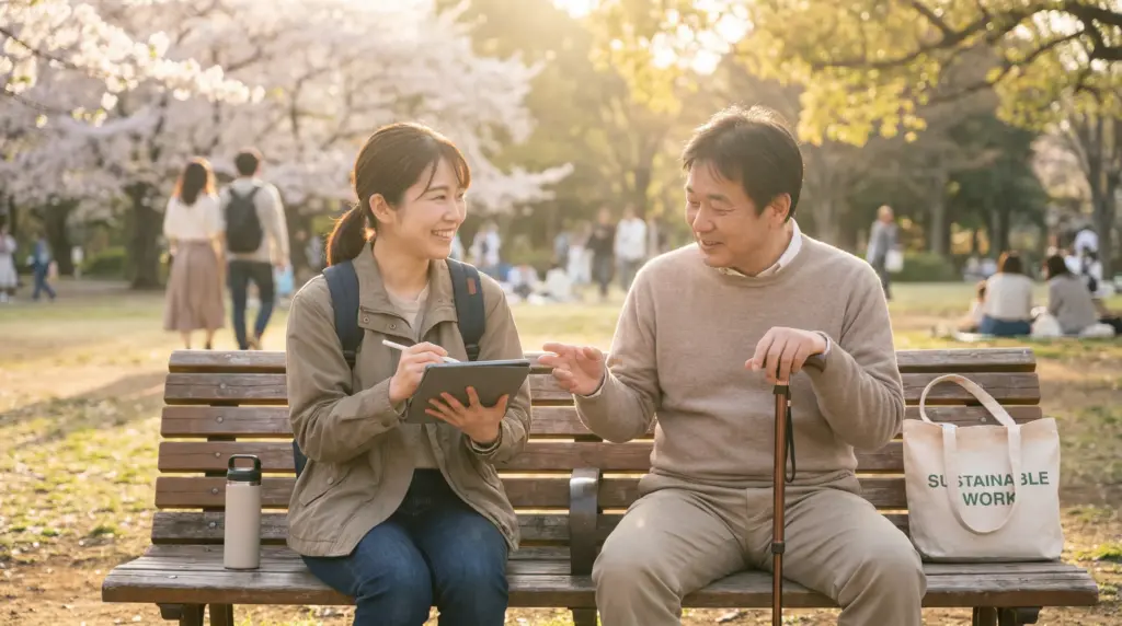 介護職の柔軟な働き方と持続可能なキャリア、無理なく長く続けられる職場でスタッフと利用者様が穏やかに過ごす風景