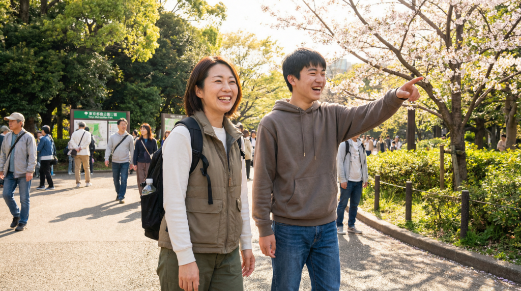 ガイドヘルパー（移動支援）の日中勤務で夜勤なしの働き方、利用者様と公園で楽しむ介護職の風景