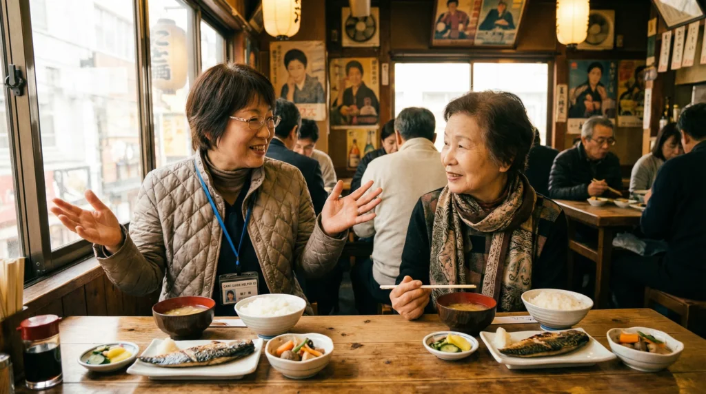 レストランで昼食を楽しむガイドヘルパーと利用者様