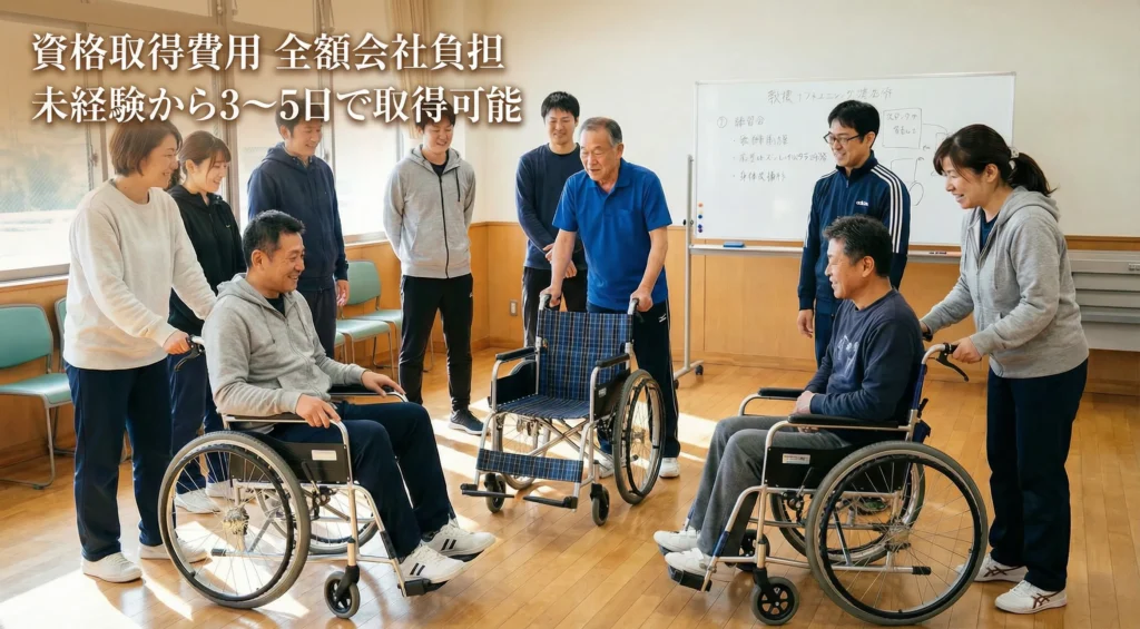 ガイドヘルパー資格取得研修で車椅子操作を学ぶ受講者たち、費用全額会社負担で未経験から3〜5日で取得可能