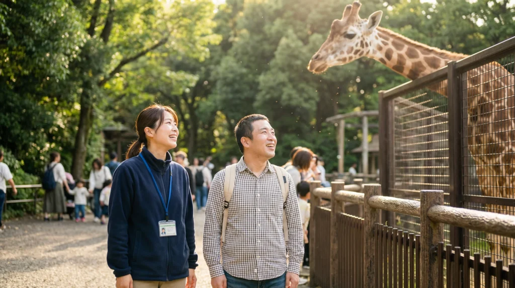 動物園でキリンを見るガイドヘルパーと利用者様、一緒に体験を共有する関係性