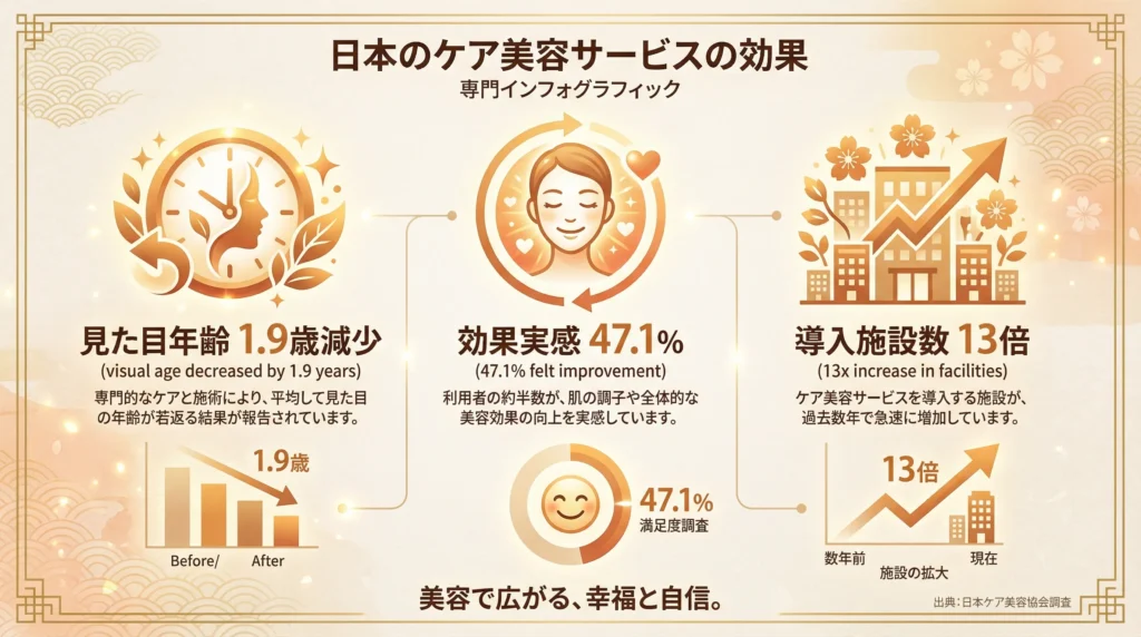 介護美容の効果を示すインフォグラフィック、見た目年齢1.9歳減少、効果実感47.1%、導入施設数13倍