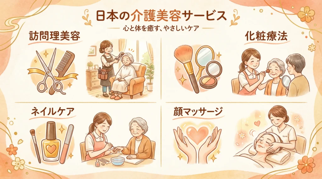 介護美容サービスの4つの種類、訪問理美容・化粧療法・ネイルケア・顔マッサージのイラスト