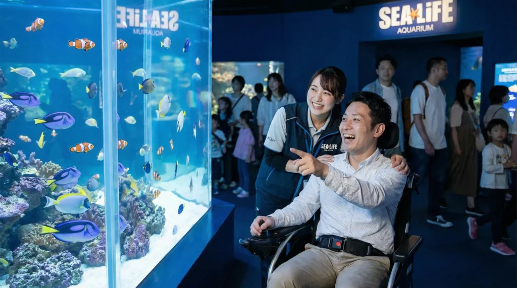 水族館で利用者様と一緒に楽しむガイドヘルパーの仕事、障害者と一緒に楽しむ介護という働き方