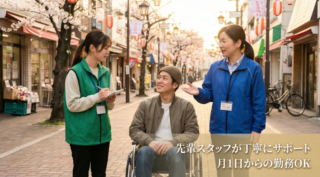 先輩スタッフが新人ガイドヘルパーを丁寧にサポートする様子、月1日からの勤務で無理なく始められる働き方