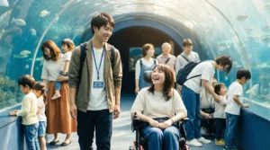 大学生の介護バイトとして就活で差がつくガイドヘルパーの仕事、水族館で利用者様と一緒に楽しむ大学生スタッフの風景