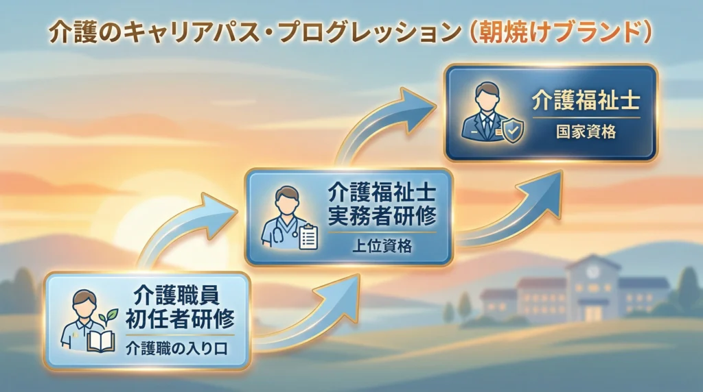 介護職のキャリアパス、初任者研修から実務者研修を経て介護福祉士へのステップアップ図