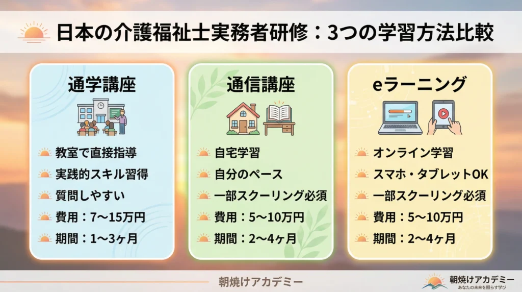 介護職員初任者研修の受講方法3パターン比較、通学講座・通信講座・eラーニングの特徴と費用期間