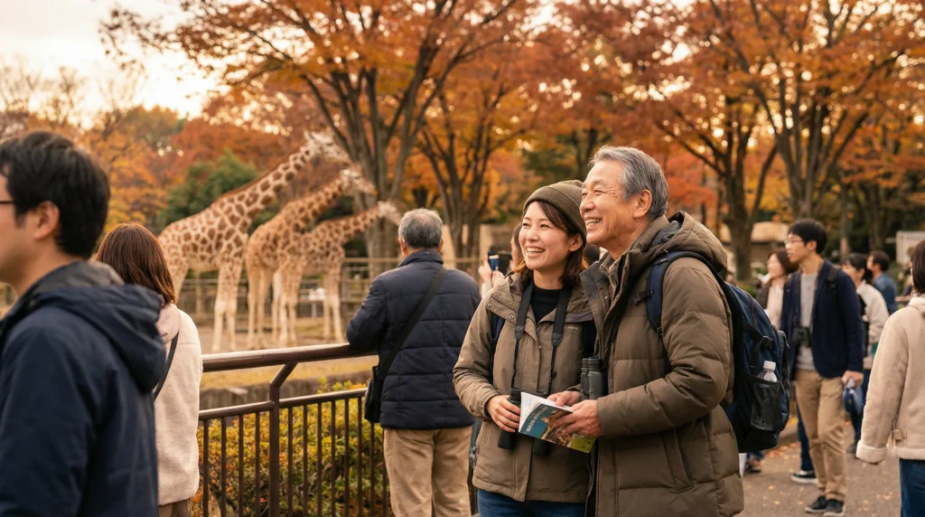 ガイドヘルパーと利用者様が動物園でキリンを見て一緒に楽しむ様子、障害者と一緒に楽しむ介護
