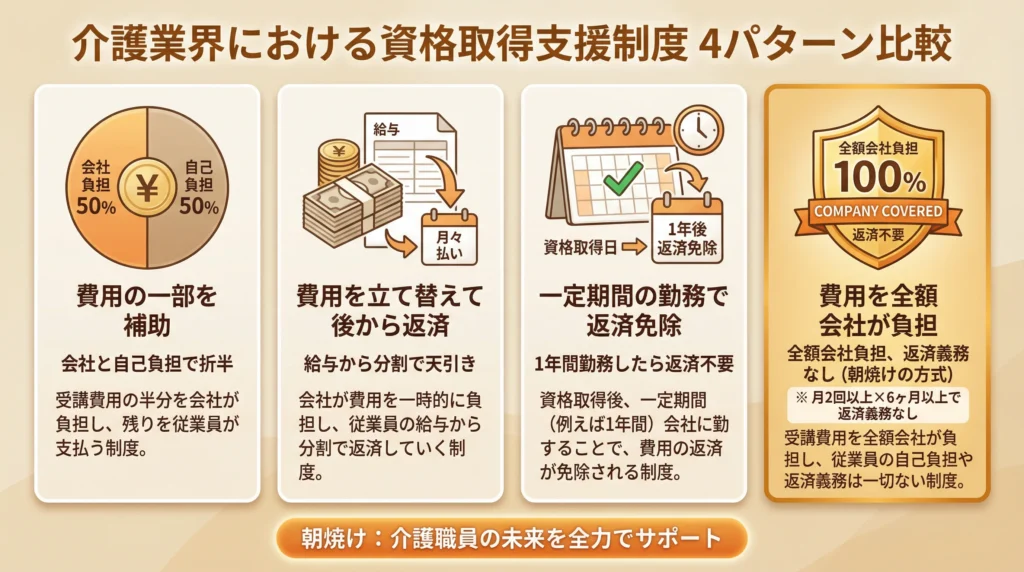 介護業界の資格取得支援4パターン比較｜費用全額会社負担・月2回以上×6ヶ月以上で返済義務なし（朝焼けの方式）