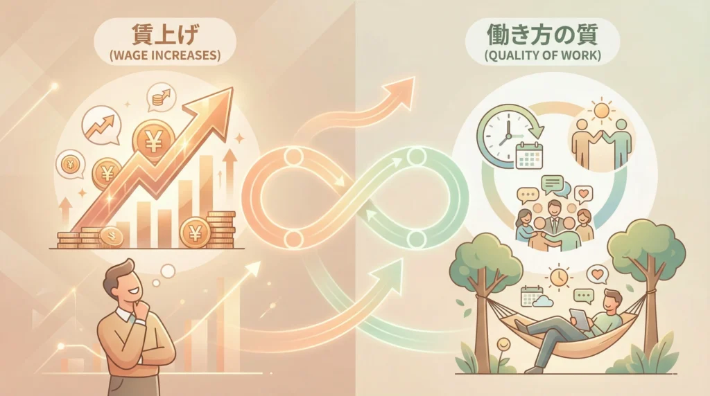 介護処遇改善加算による賃上げと働き方の質のバランスを示す図、給与向上とワークライフバランスの両立