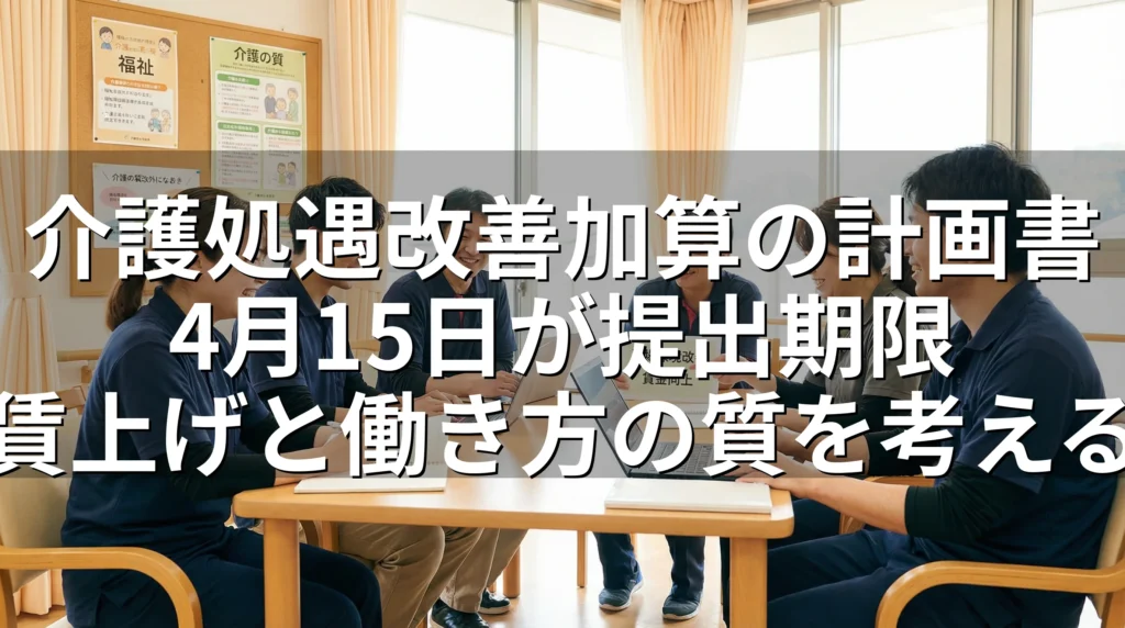 介護処遇改善加算の計画書について前向きに話し合う介護職員たち、賃上げと働き方の質向上を考える様子