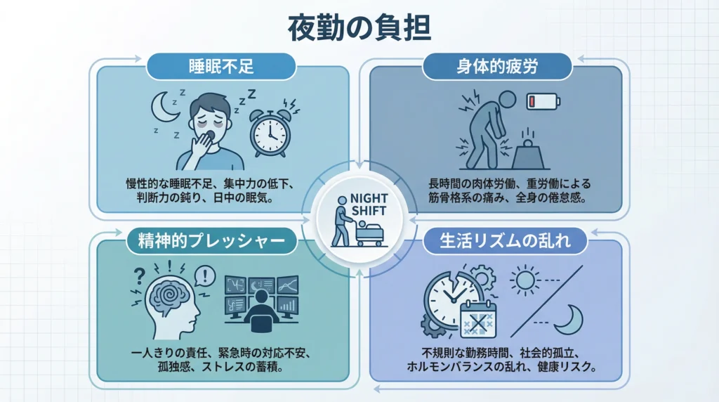 介護の夜勤の4つの負担を示す図、睡眠不足、身体的疲労、精神的プレッシャー、生活リズムの乱れを視覚化