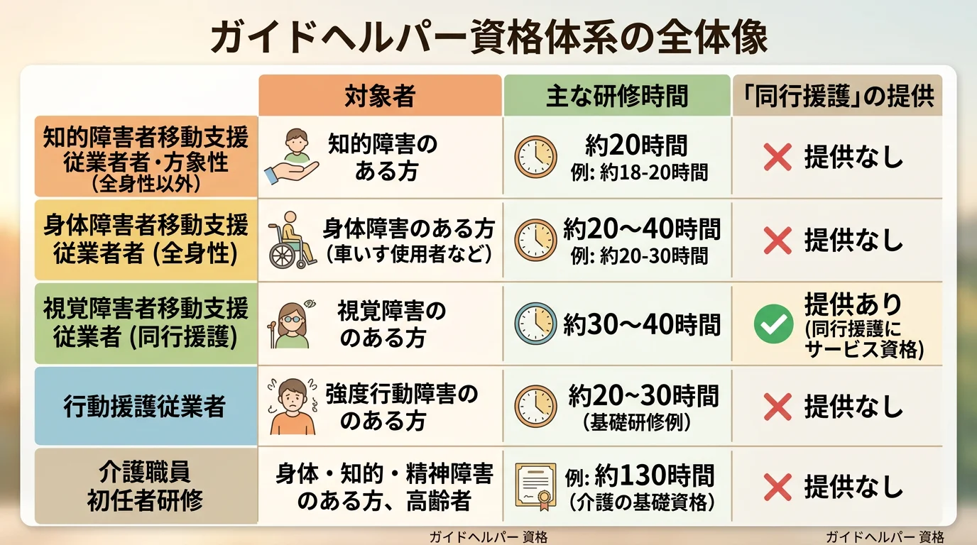 知的・身体障害者ガイドヘルパー2種類と同行援護・行動援護・初任者研修3種類を比較した表形式の図解。朝焼けでの提供状況と研修時間を記載